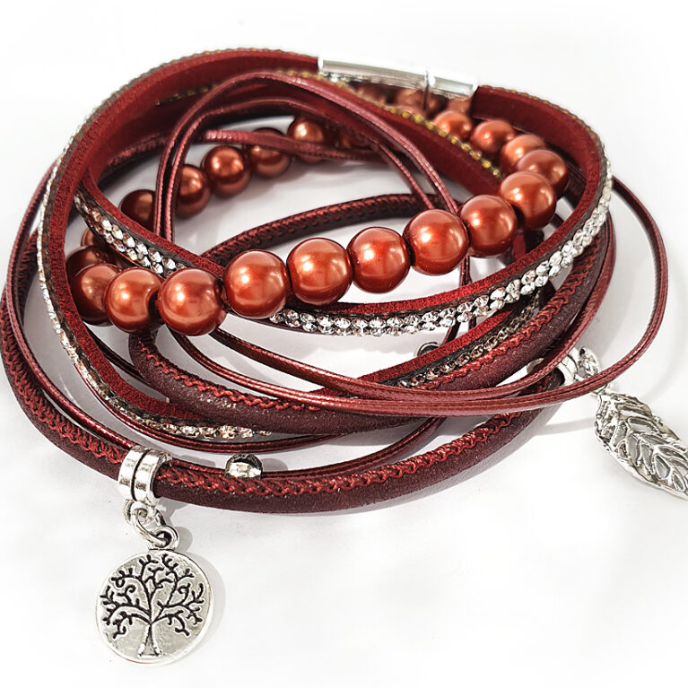 Bordó életfás 2in1 gyöngyös női karkötő