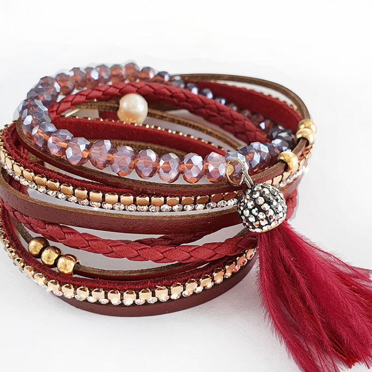 Bordó 2in1 többszálas marabúbojtos bőr karkötő