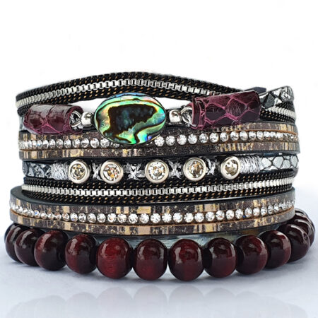 Háromsoros cirmos női bőr karkötő 2-in 1