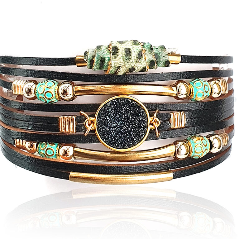 Fekete zöldgyöngyös többszálas női bőr karkötő
