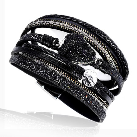 Fekete lávaköves többszálas bőr karkötő