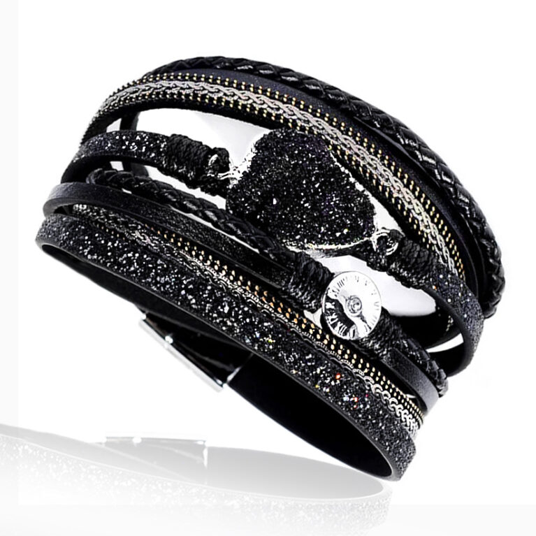 Fekete lávaköves többszálas bőr karkötő