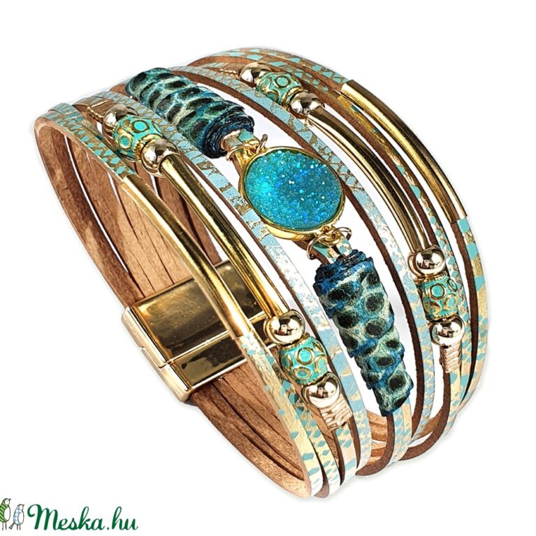 Türkiz gyöngyös többszálas női bőr karkötő