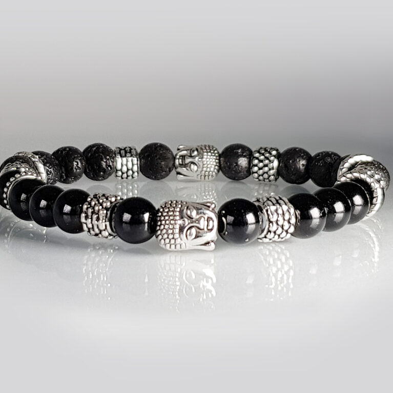 Buddha feles ónix-lávakő ásvány karkötő