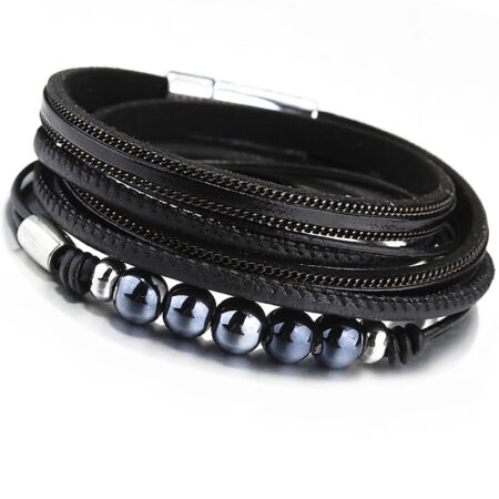 Hosszú fekete kerámiagyöngyös bőr karkötő