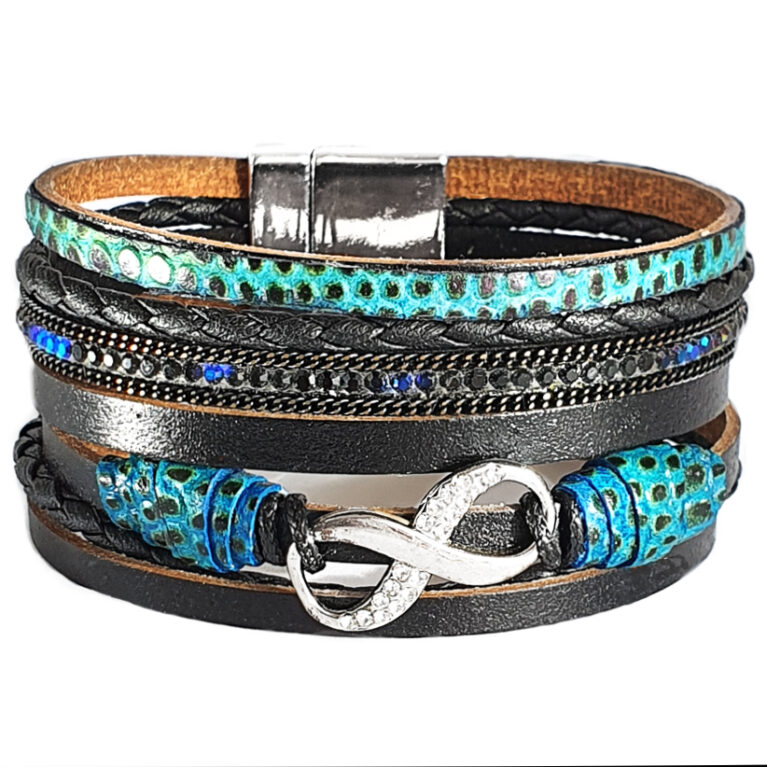 Fekete-türkiz bőr végtelen jelzésü női karkötő
