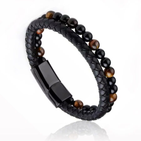 Dupla férfi karkötő ásvány és bőr