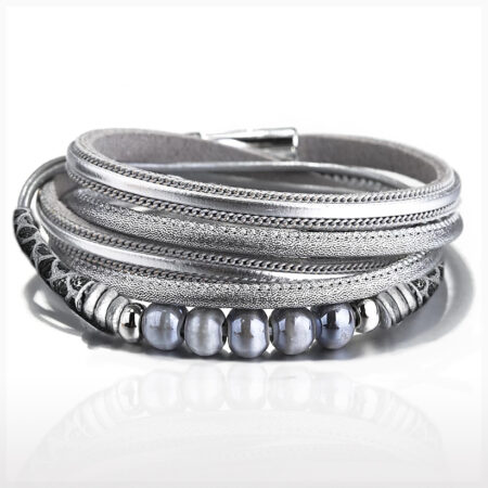 Hosszú ezüstszürke többszálas bőr karkötő