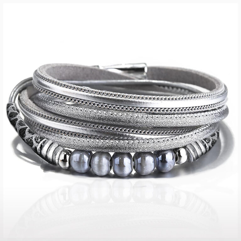 Hosszú ezüstszürke többszálas bőr karkötő