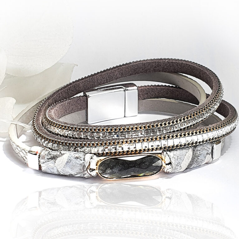 Szürke köves hosszú többszálas bőr karkötő