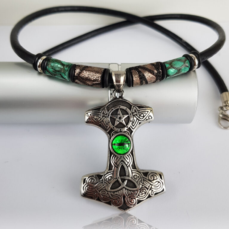 STEELWOLF-Zöldszemes Thor bőr  nyaklánc