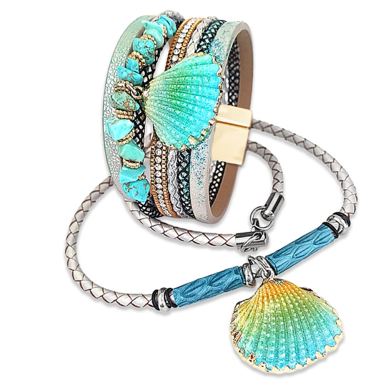 Türkizkagylós bőrékszer szett